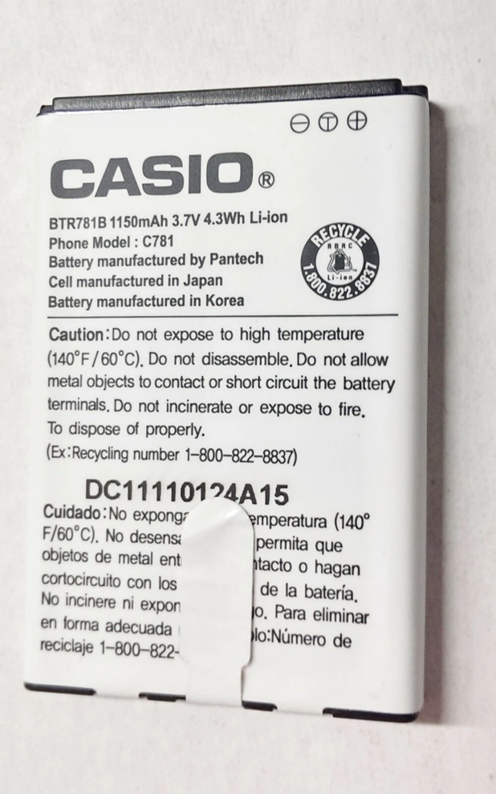 Casio Battery C781 BTR781B G'zOne Ravine 2 Verizon 1150mAh